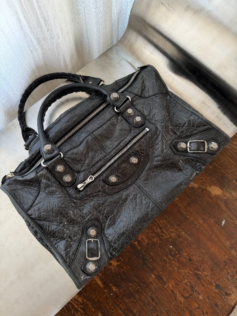 Vintage Balenciaga City Bag, Anthracite Leather, Giant Silver Hardware